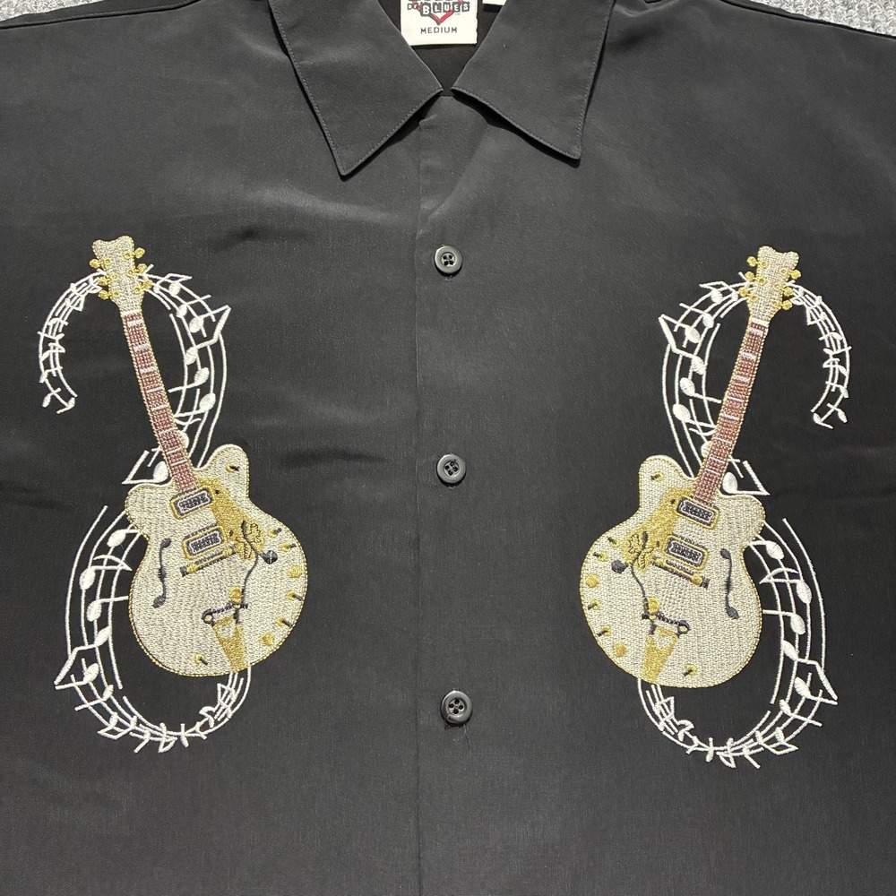 House of Blues Shirt Mens Medium Black Camp Bowling‎ Embroidered Guitars Rock - Picture 2 of 11